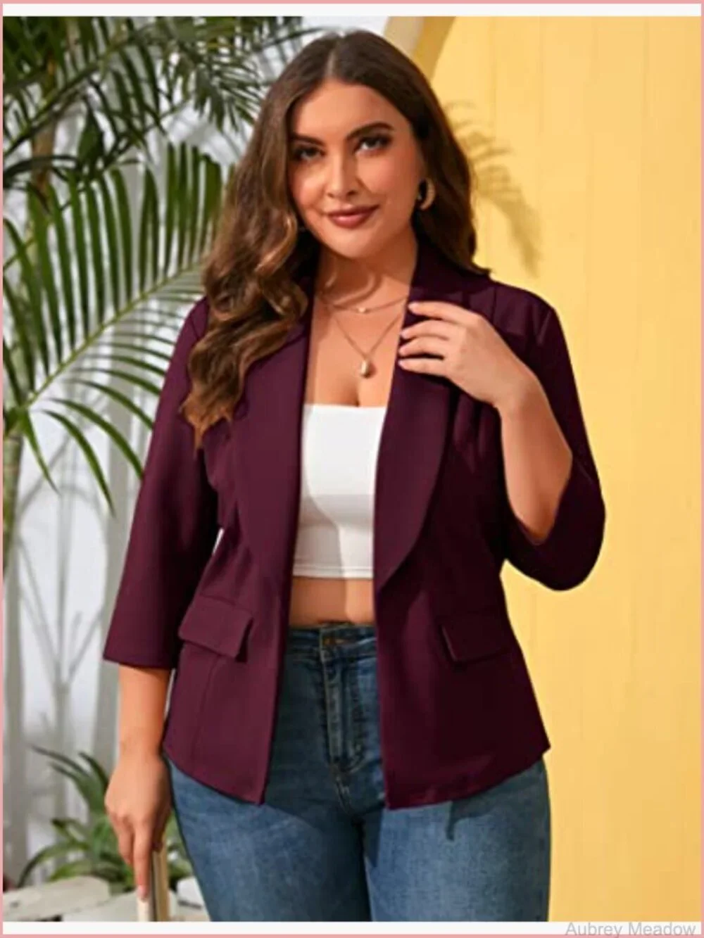 Plus Size Pocketed Blazer 3/4 Sleeve Open Front Casual Suit Jacket